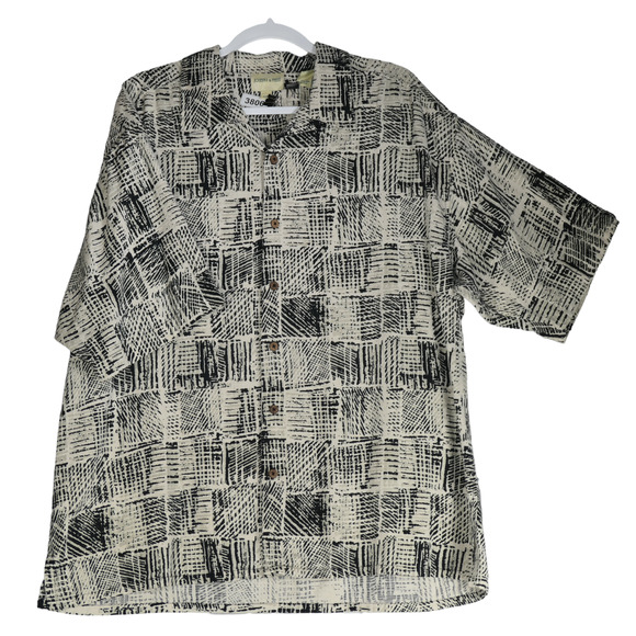 Joseph Feiss Button Up Shirt Mens Size XXL Beige Black Short Sleeve 100% Silk - Picture 1 of 8